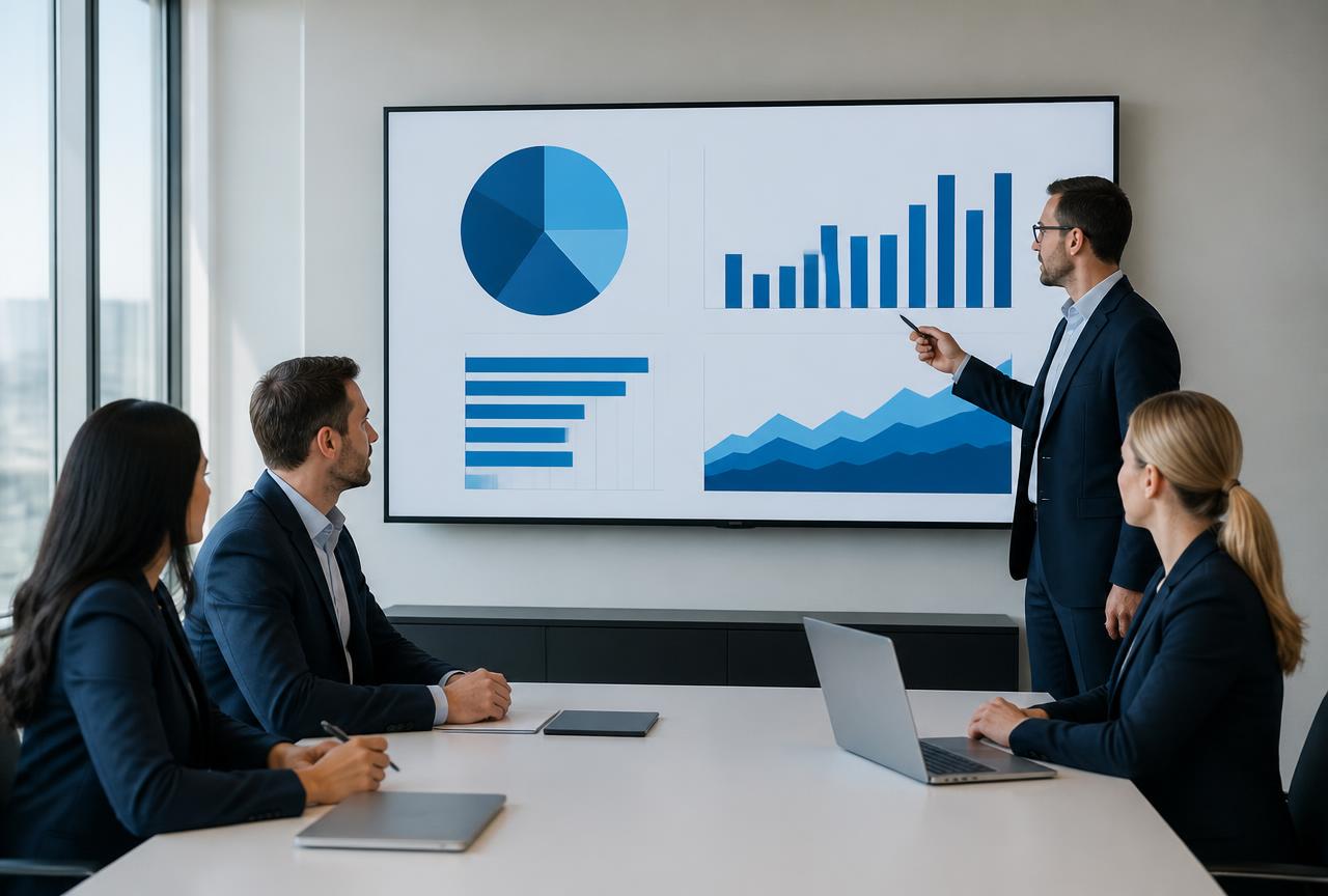 Brokerage sales team reviewing pipeline performance in a meeting room